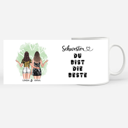Personalisierte Tasse für Schwester Du bist die Beste mit Figuren