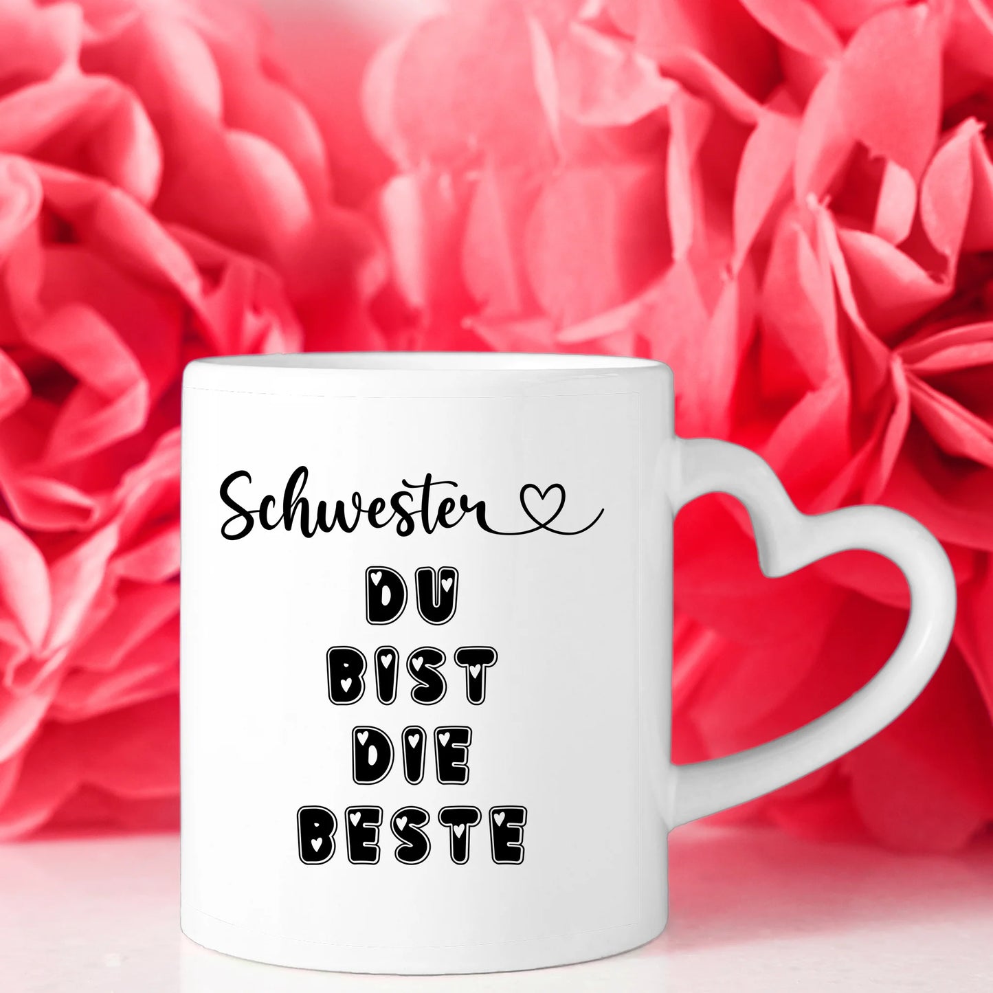 Personalisierte Tasse für Schwester Du bist die Beste mit Figuren