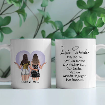 Personalisierte Tasse Ich lächele für Schwester mit Figuren