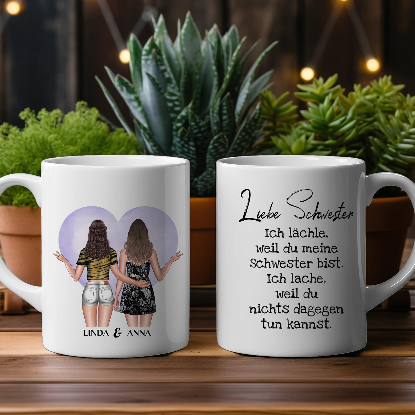 Personalisierte Tasse Ich lächele für Schwester mit Figuren