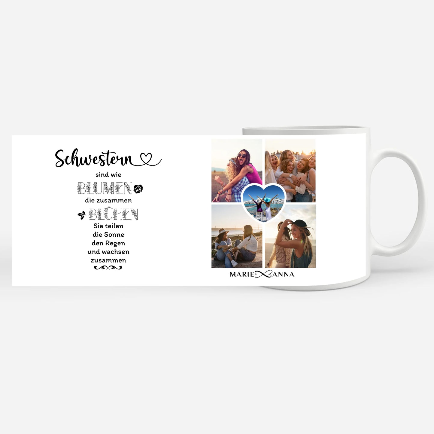 Personalisierte Tasse für Schwestern sind wie Blumen mit 5 Fotos