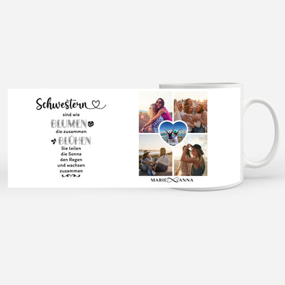 Personalisierte Tasse für Schwestern sind wie Blumen mit 5 Fotos