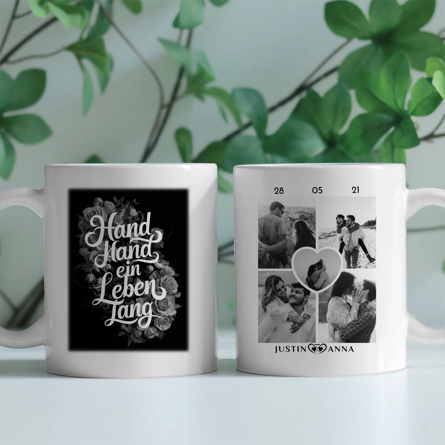 Personalisierte Tasse Hand in Hand mit 5 Fotos Schwarz Weiß