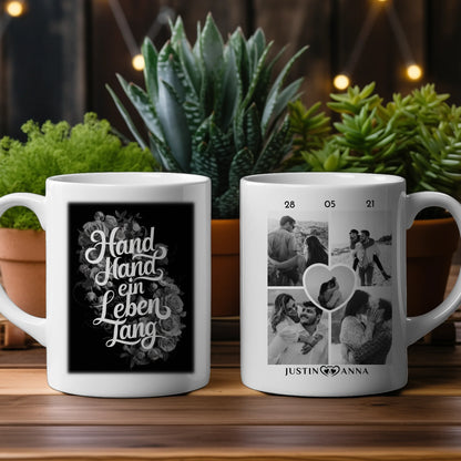 Personalisierte Tasse Hand in Hand mit 5 Fotos Schwarz Weiß