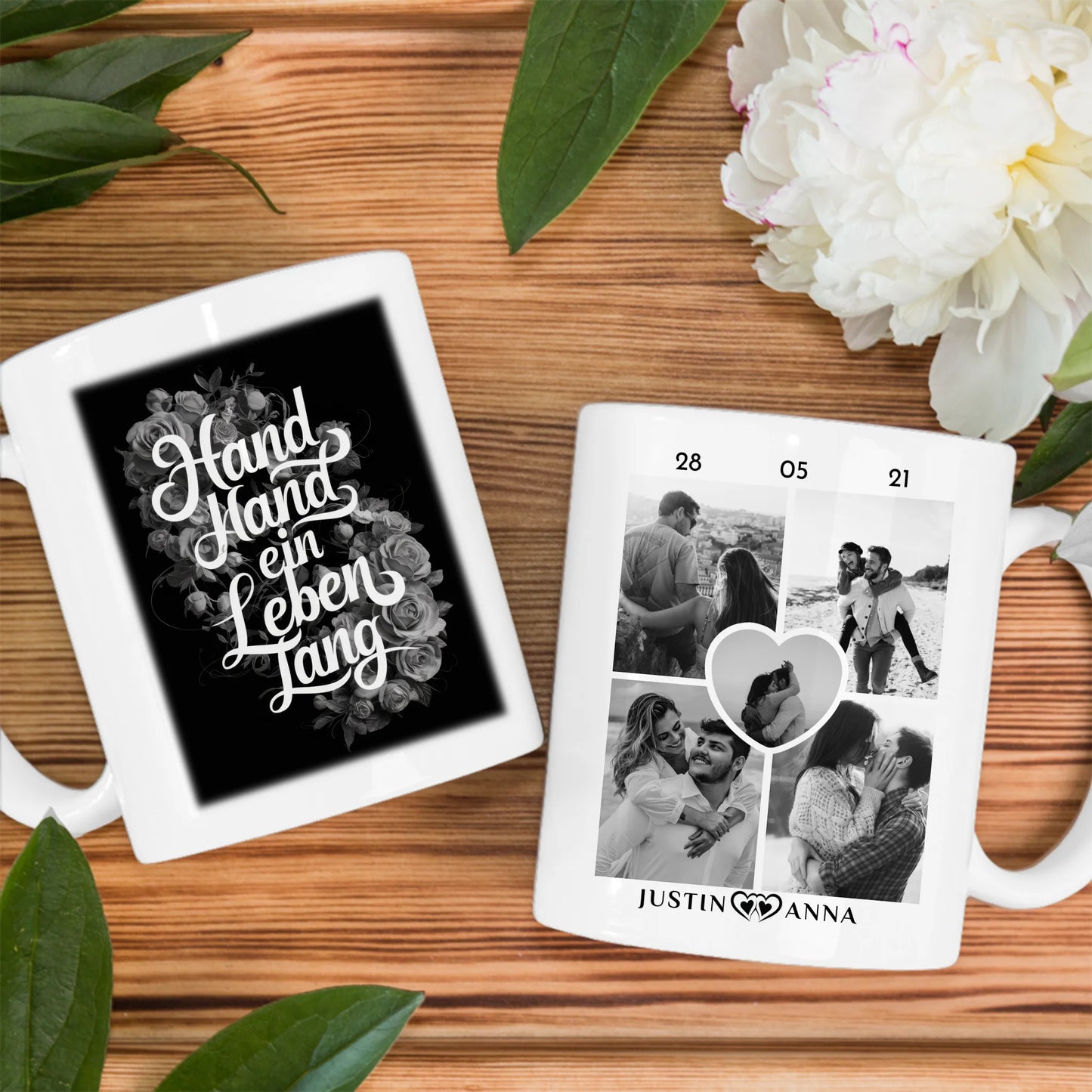 Personalisierte Tasse Hand in Hand mit 5 Fotos Schwarz Weiß