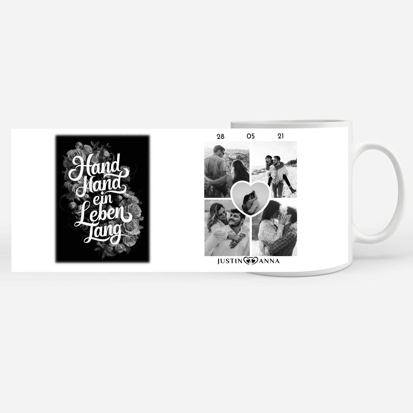 Personalisierte Tasse Hand in Hand mit 5 Fotos Schwarz Weiß