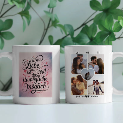Tasse personalisiert für Paare Wo Liebe Ist Magisch mit 5 Fotos