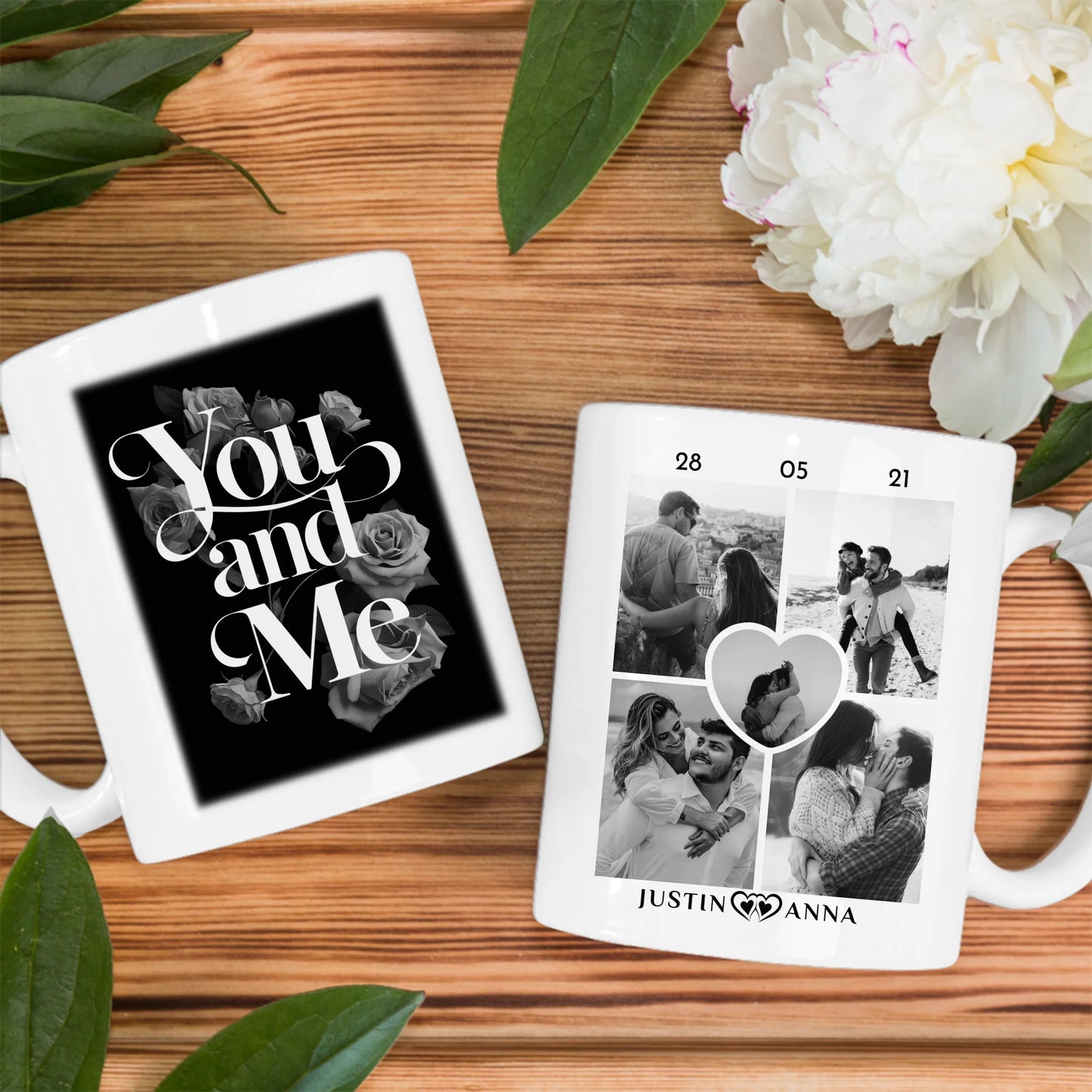 Pärchen Tasse You And Me mit 5 Fotos Personalisiert Schwarz Weiß
