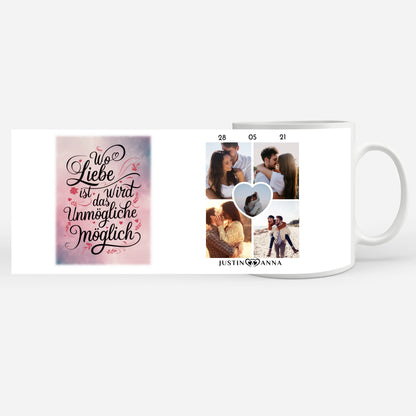 Tasse personalisiert für Paare Wo Liebe Ist Magisch mit 5 Fotos