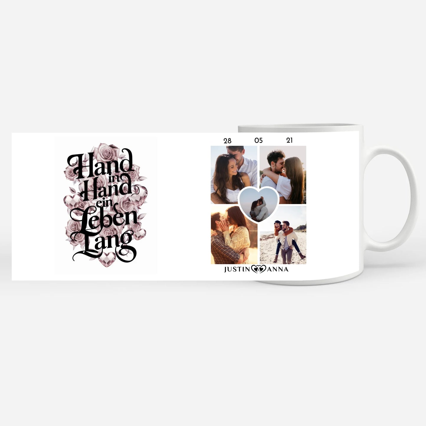 Tasse für Paare mit 5 Fotos Hand In Hand Herz Ranken für Pärchen