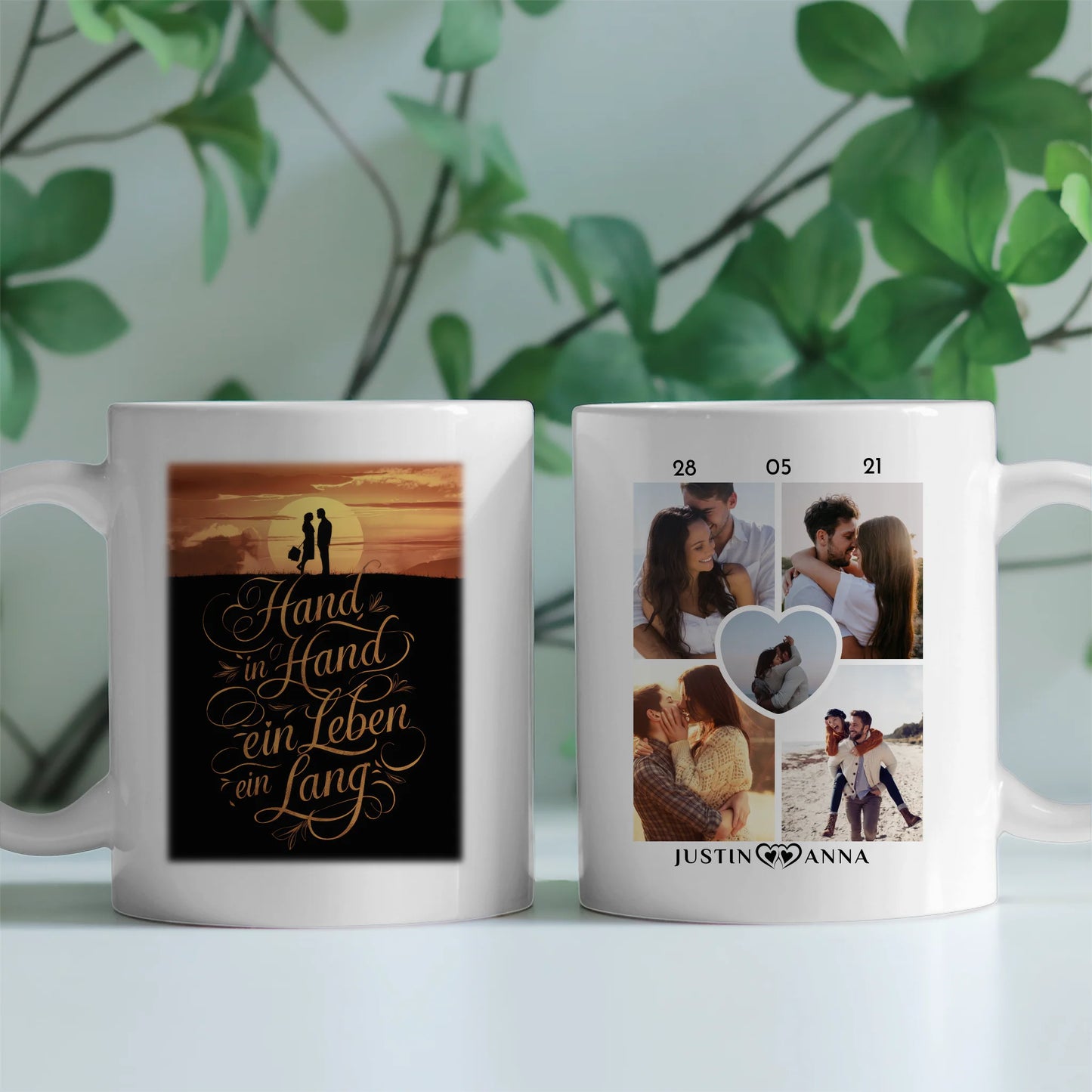 Personalisierte Tasse mit 5 Fotos Hand In Hand Sunset für Pärchen