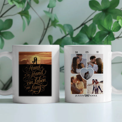 Personalisierte Tasse mit 5 Fotos Hand In Hand Sunset für Pärchen