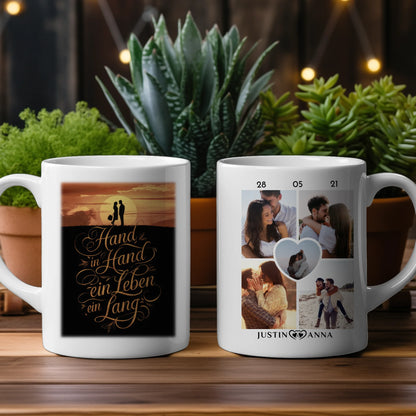 Personalisierte Tasse mit 5 Fotos Hand In Hand Sunset für Pärchen