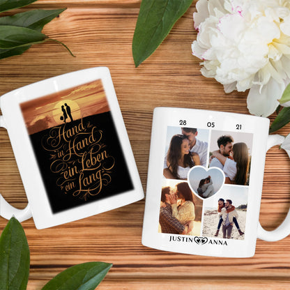 Personalisierte Tasse mit 5 Fotos Hand In Hand Sunset für Pärchen