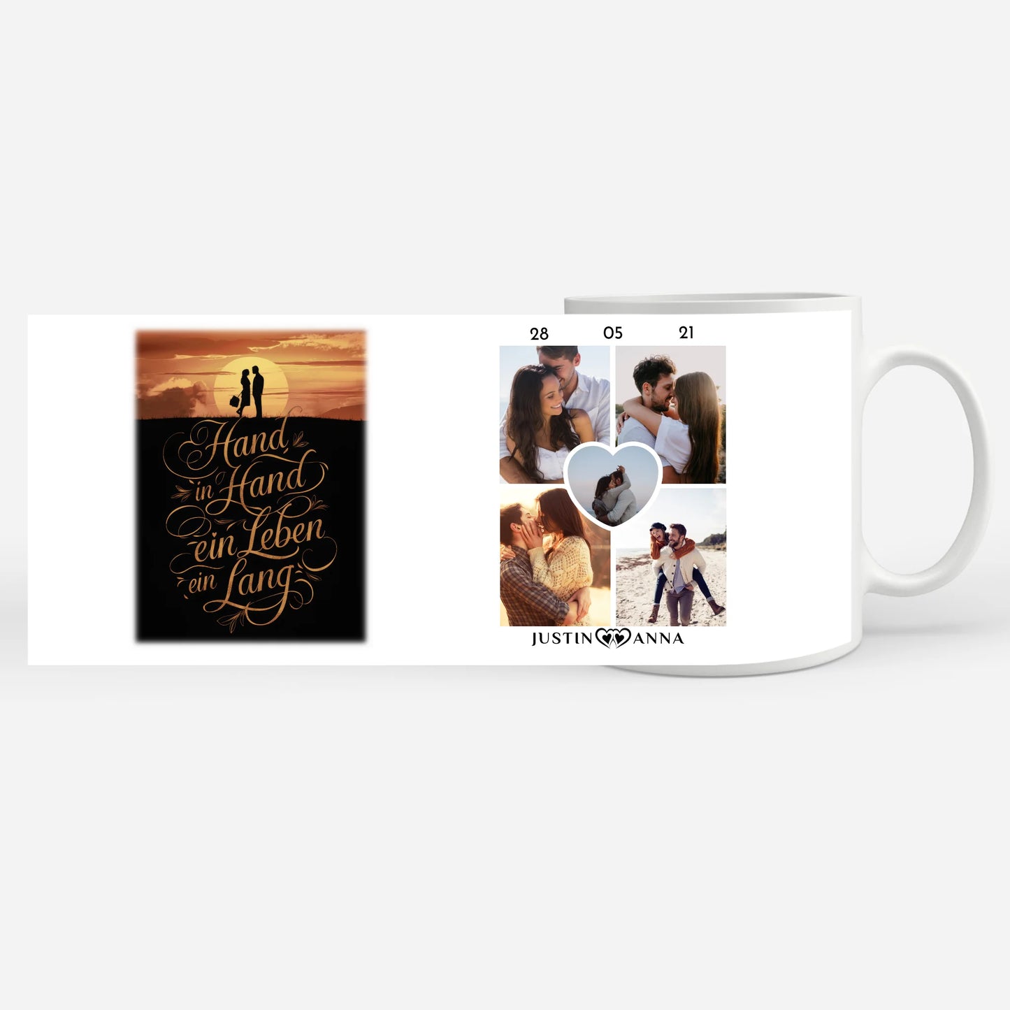 Personalisierte Tasse mit 5 Fotos Hand In Hand Sunset für Pärchen