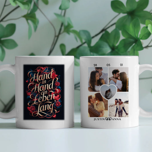 Liebes Tasse für Pärchen mit 5 Fotos Hand In Hand Herzen & Rosen