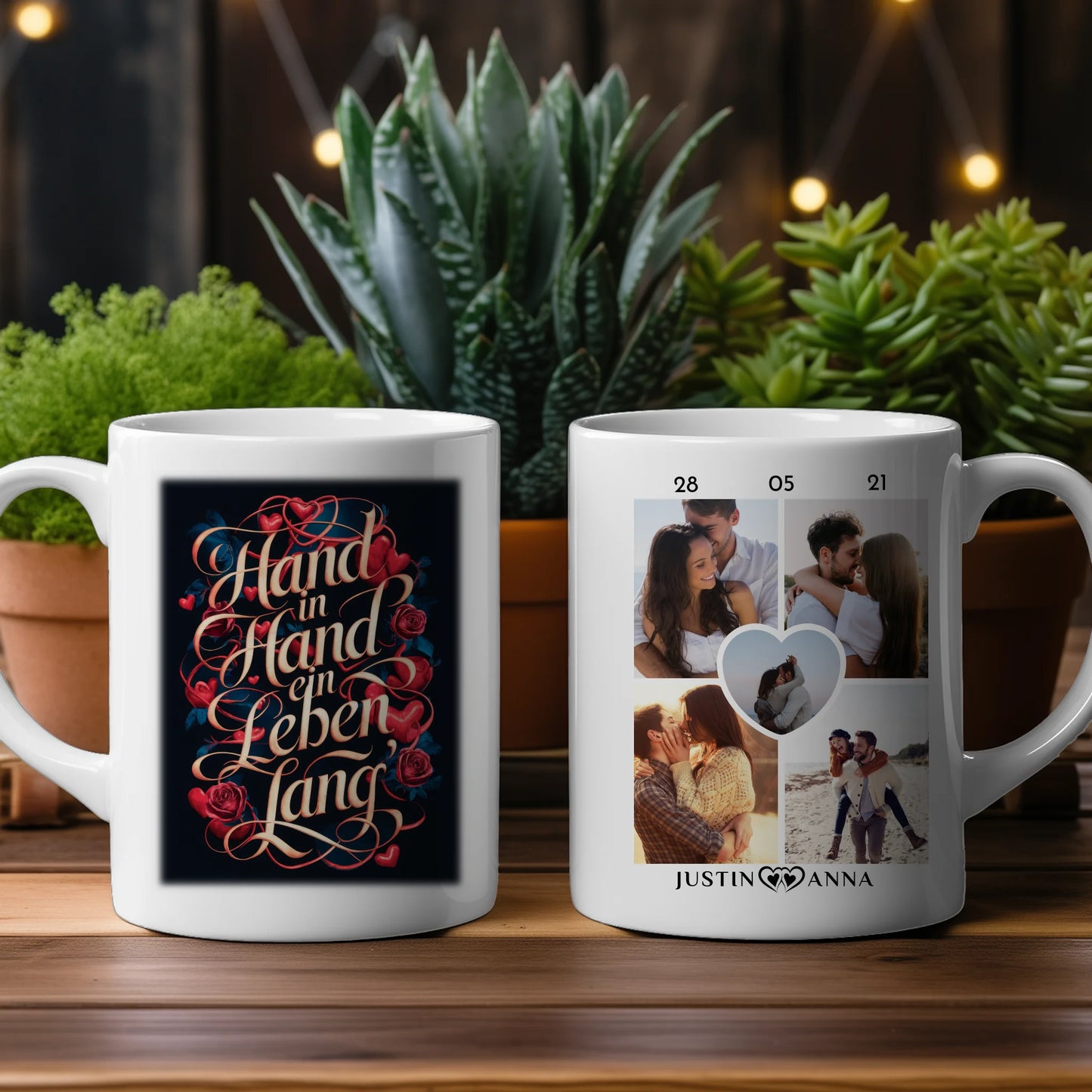 Liebes Tasse für Pärchen mit 5 Fotos Hand In Hand Herzen & Rosen