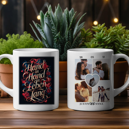 Liebes Tasse für Pärchen mit 5 Fotos Hand In Hand Herzen & Rosen