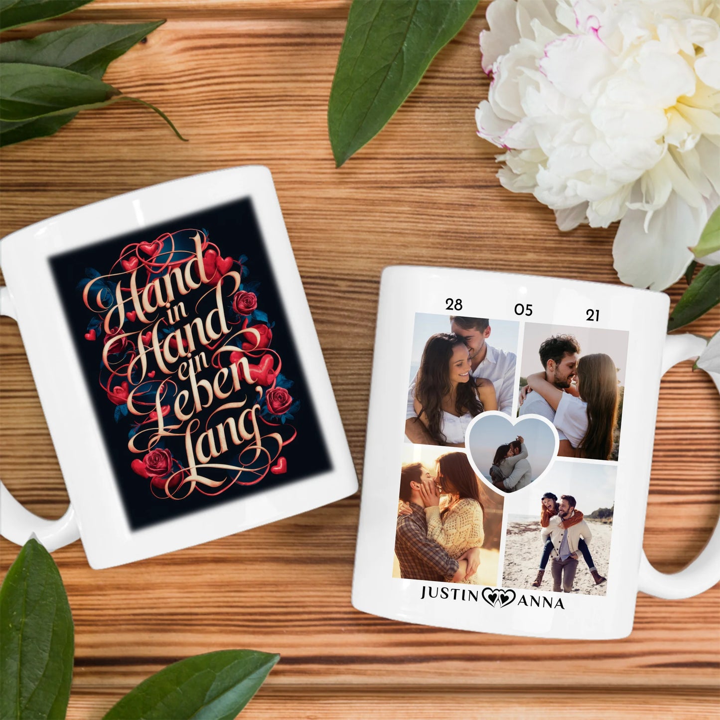 Liebes Tasse für Pärchen mit 5 Fotos Hand In Hand Herzen & Rosen