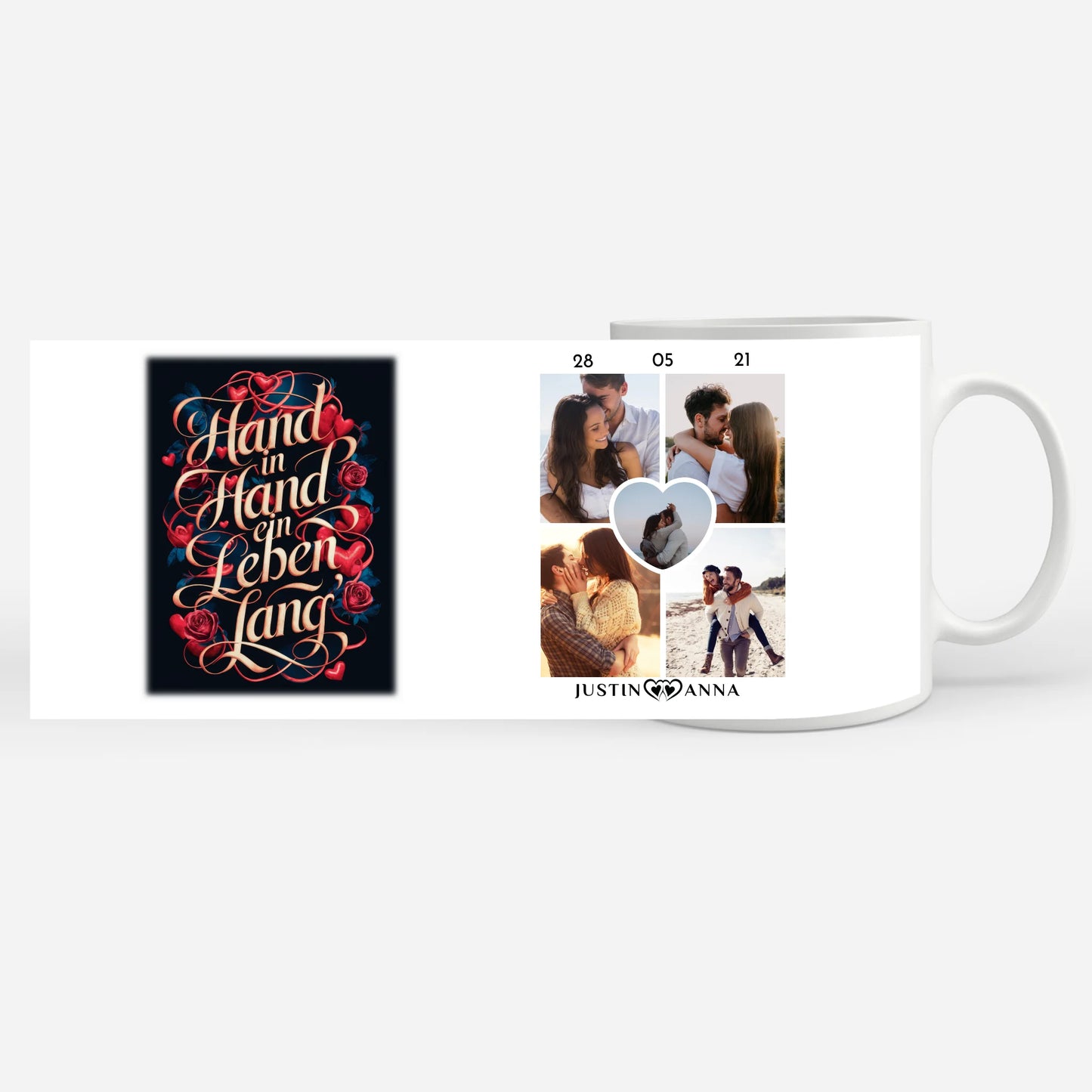 Liebes Tasse für Pärchen mit 5 Fotos Hand In Hand Herzen & Rosen