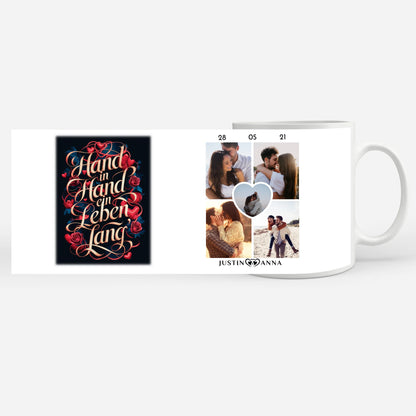 Liebes Tasse für Pärchen mit 5 Fotos Hand In Hand Herzen & Rosen