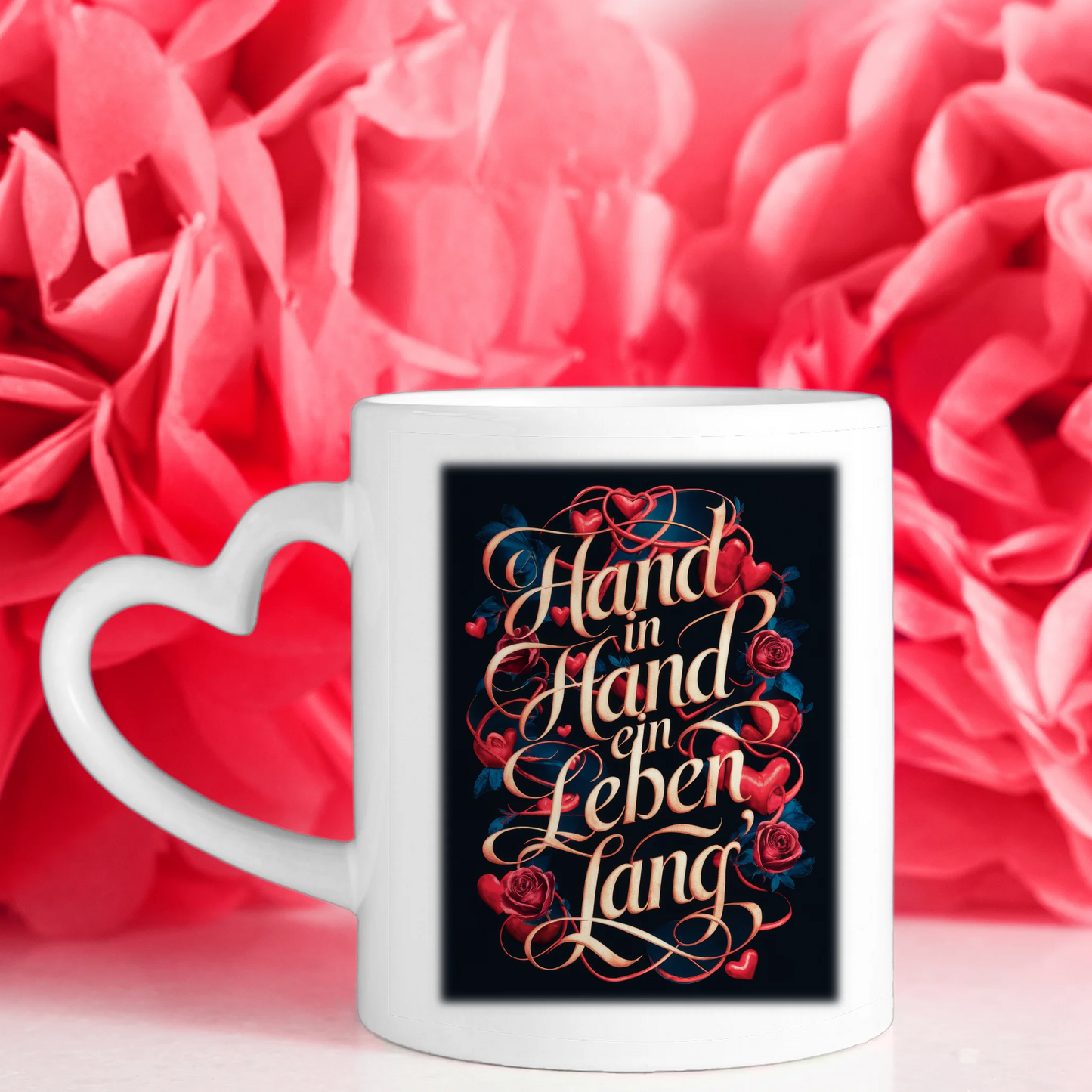 Liebes Tasse für Pärchen mit 5 Fotos Hand In Hand Herzen & Rosen