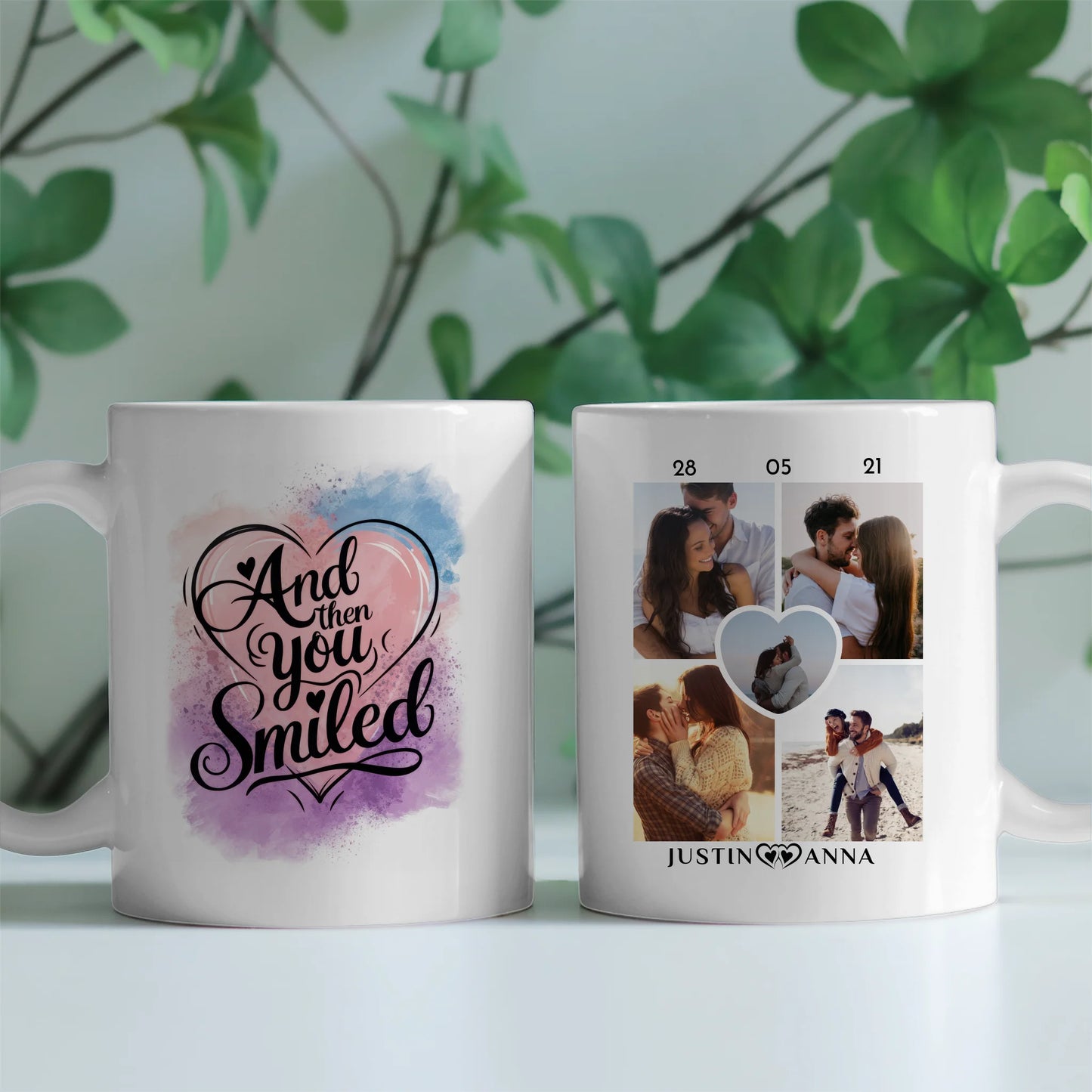 Personalisierte Tasse mit 5 Fotos And Then You Smiled Watercolor für Pärchen