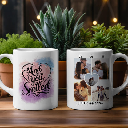 Personalisierte Tasse mit 5 Fotos And Then You Smiled Watercolor für Pärchen