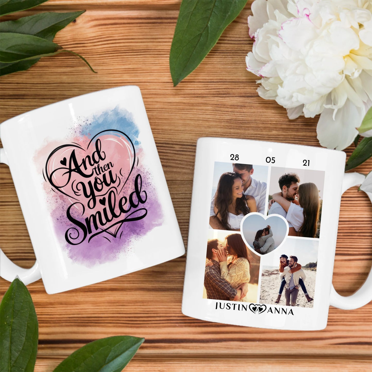 Personalisierte Tasse mit 5 Fotos And Then You Smiled Watercolor für Pärchen