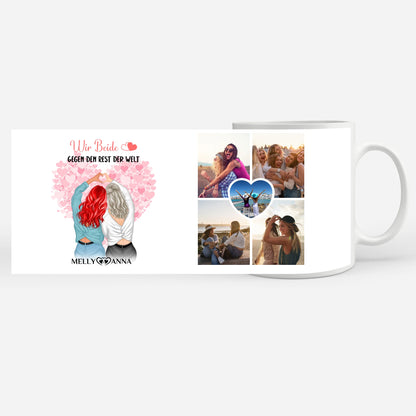 Personalisierte Schwester Tasse Wir Beide gegen die Welt mit 5 Fotos