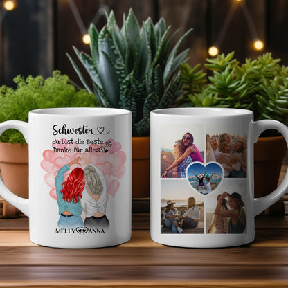 Personalisierte Schwester Tasse Du bist die Beste mit 5 Fotos