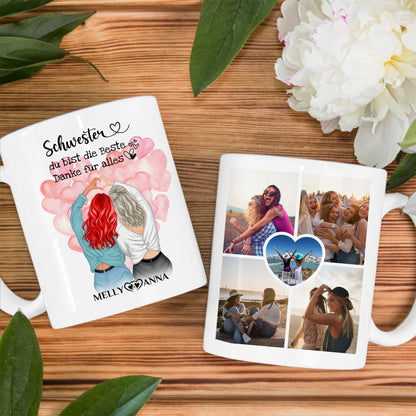 Personalisierte Schwester Tasse Du bist die Beste mit 5 Fotos