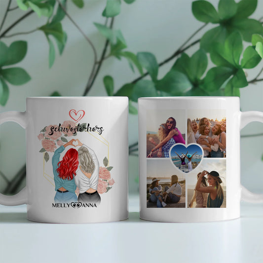Personalisierte Tasse Schwesterherz für Schwester mit 5 Fotos
