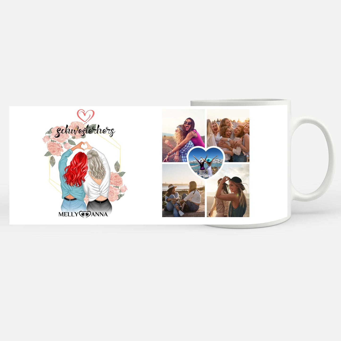 Personalisierte Tasse Schwesterherz für Schwester mit 5 Fotos