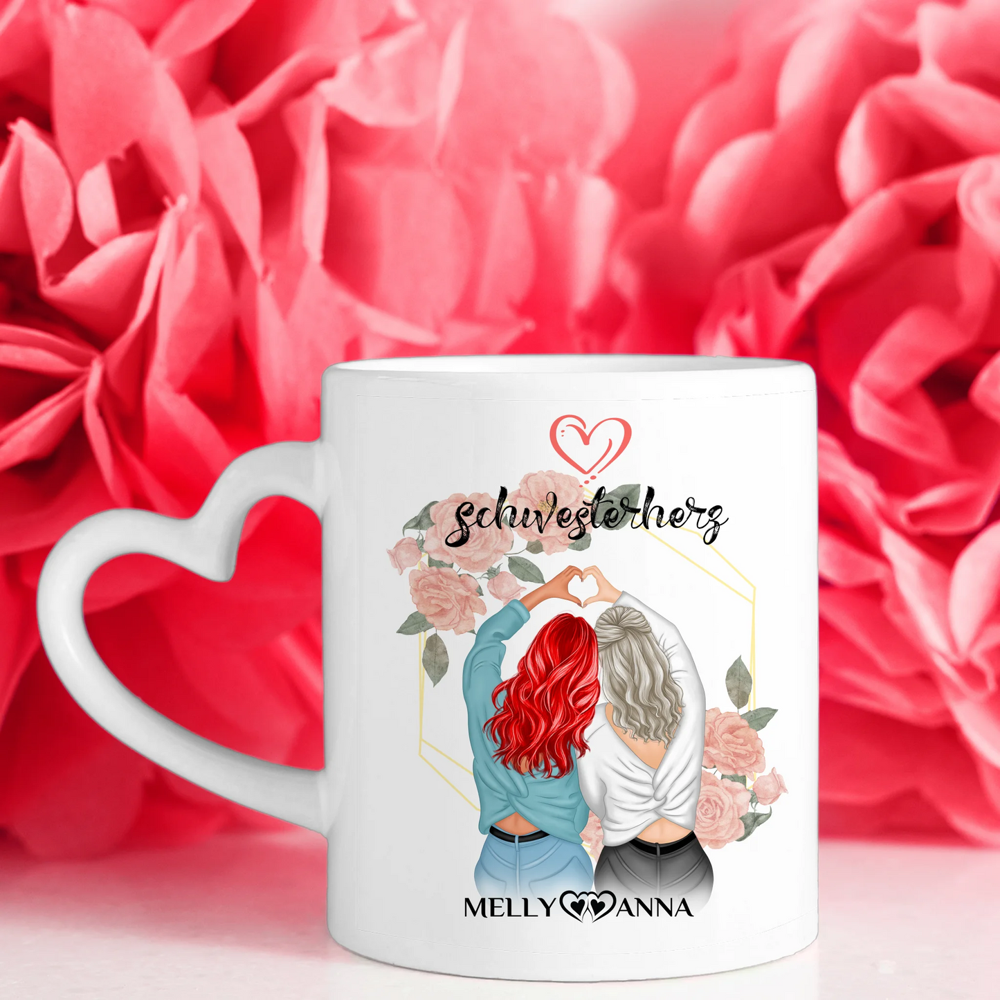 Personalisierte Tasse Schwesterherz für Schwester mit 5 Fotos