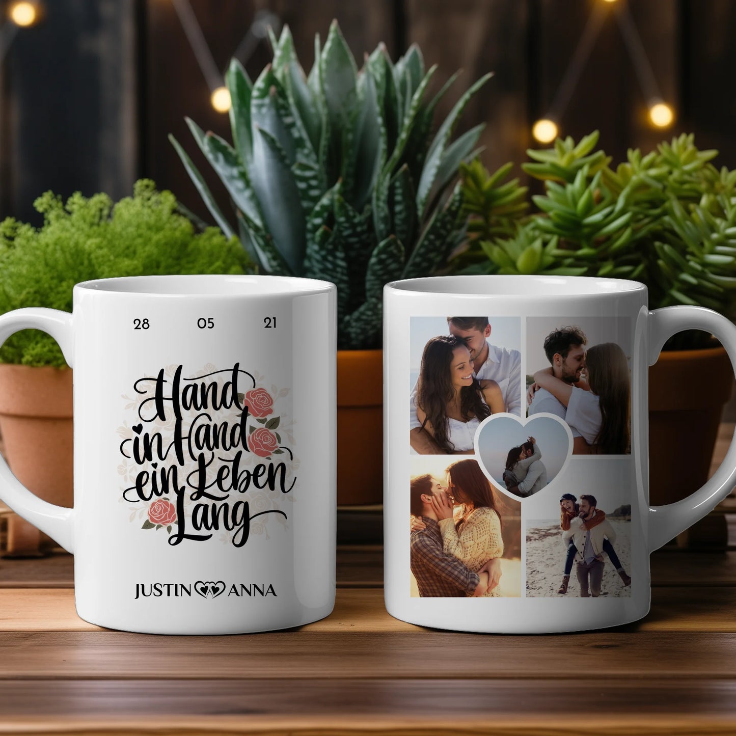 Tasse personalisiert für Paare Hand in Hand ein Leben lang mit 5 Fotos