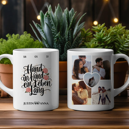 Tasse personalisiert für Paare Hand in Hand ein Leben lang mit 5 Fotos