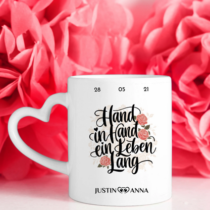 Tasse personalisiert für Paare Hand in Hand ein Leben lang mit 5 Fotos