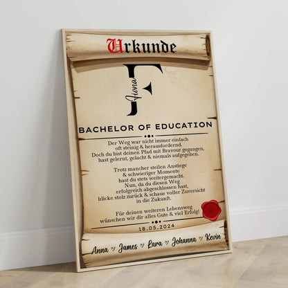 Poster UrkundeGeschenk Zum Bestandenen Bachelor Of Education