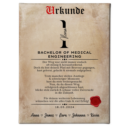 Leinwand Urkunde Geschenk Bachelorabschluss Bachelor Of Medical Engineering 1