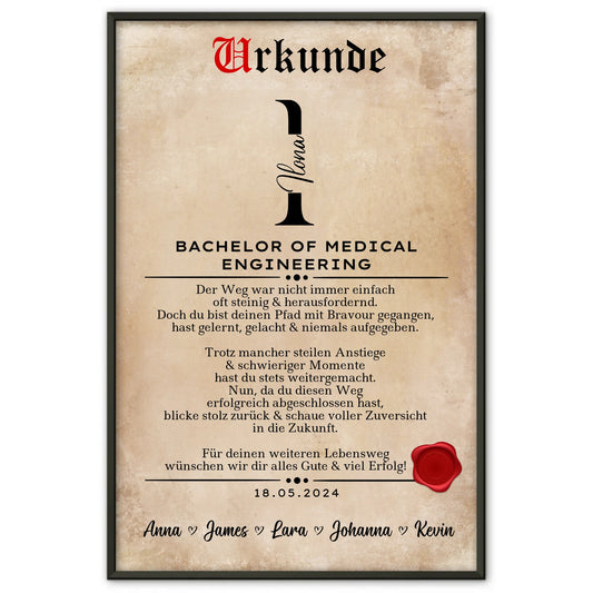 Poster Urkunde Geschenk Bachelorabschluss Bachelor Of Medical Engineering Bachelorand