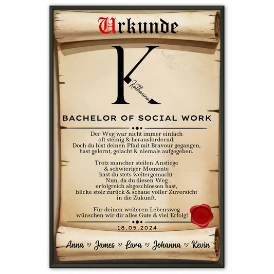Poster Urkunde Geschenk Zum Bestandenen Bachelor Of Social Work Bachelorand