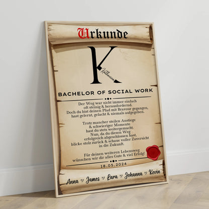 Poster Urkunde Geschenk Zum Bestandenen Bachelor Of Social Work Bachelorand
