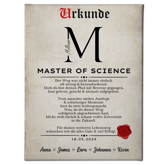 Leinwand Urkunde Geschenk Zum Masterabschluss Master Of Science 1