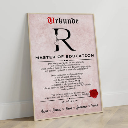 Poster Urkunde Geschenk Zum Bestandenen Master Of Education