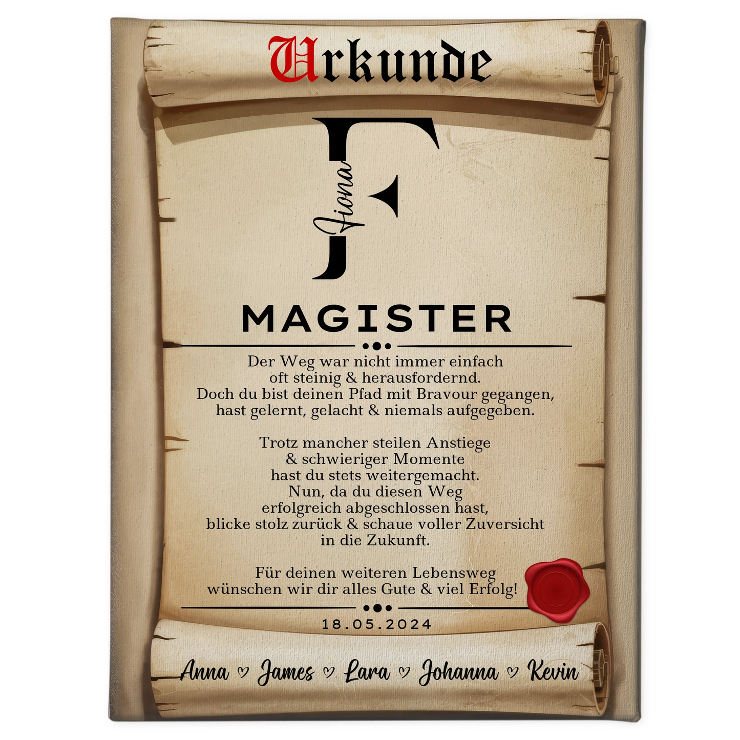 Leinwand Urkunde Geschenk zum Magisterand 1