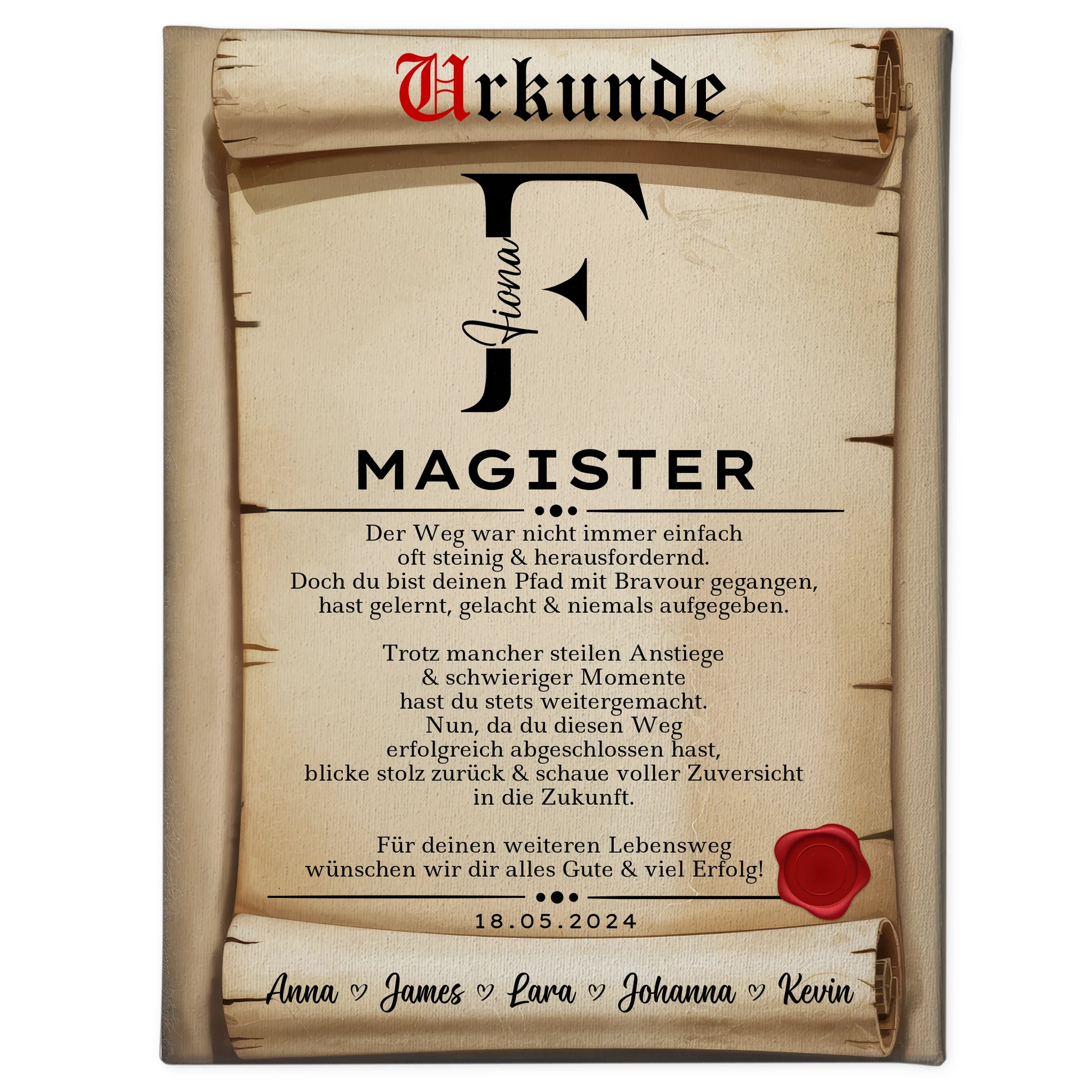 Leinwand Urkunde Geschenk zum Magisterand 1