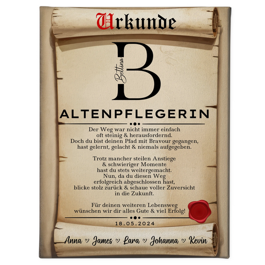 Ausbildungsabschluss Geschenk Altenpflegerin Leinwand Urkunde 1