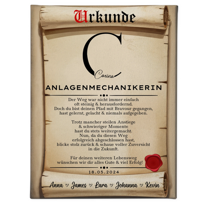 Geschenk Abschluss Ausbildung Anlagenmechanikerin Leinwand Urkunde 1