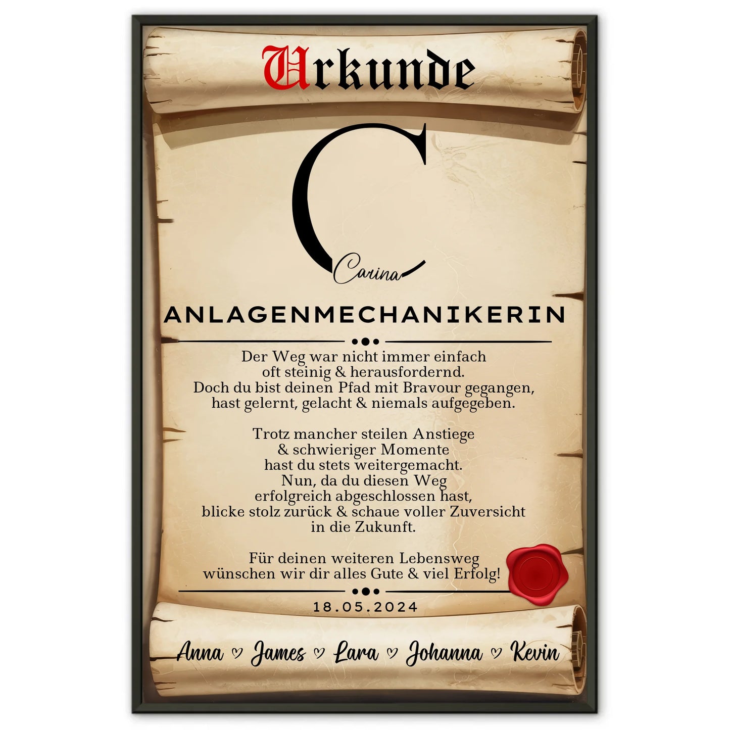 Geschenk Abschluss AusbildungAnlagenmechanikerinPoster Urkunde